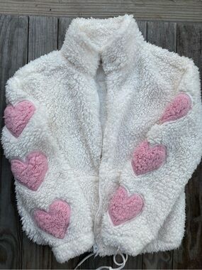 White Sherpa Zip Jacket with Pink Heart Accents
